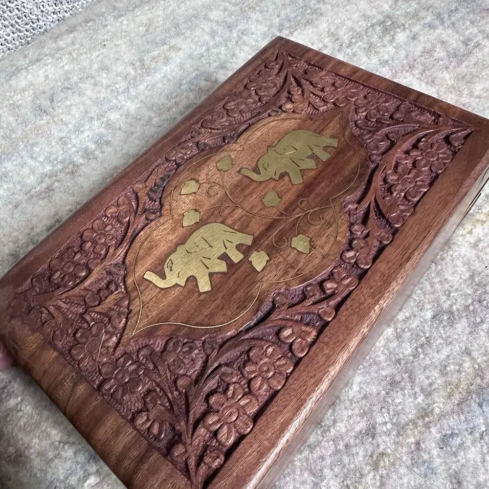 Hand‎ Engraved  Inlaid Brass Wooden Box Keepsake Jewelry Organizer &Storage